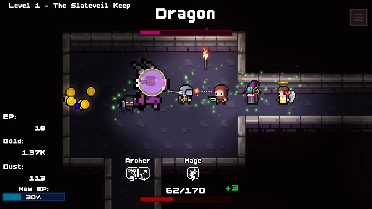 Loop Dungeon Incremental Level 1 boss fight UI showing Dragon name above the boss health bar