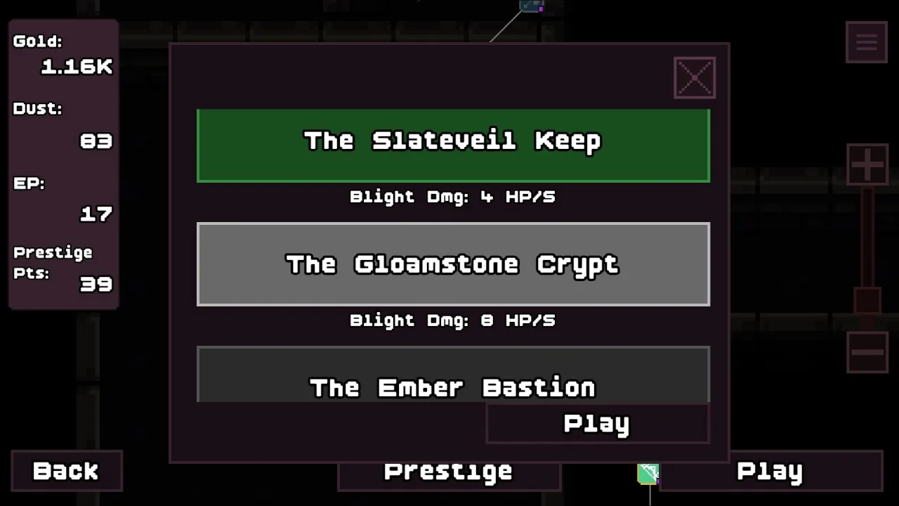Loop Dungeon Incremental level select showing The Slateveil Keep at Blight Dmg 4 HP/S, The Gloamstone Crypt at 8 HP/S, and locked The Ember Bastion