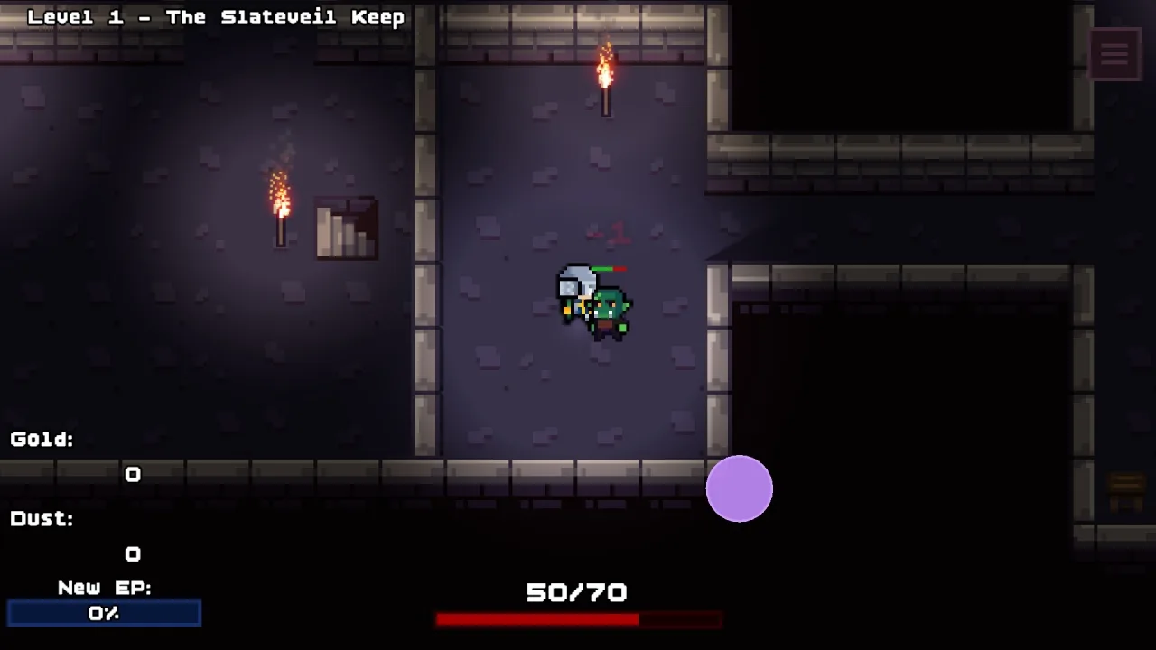 Loop Dungeon Incremental Level 1 combat header reading Level 1 - The Slateveil Keep with early party HP